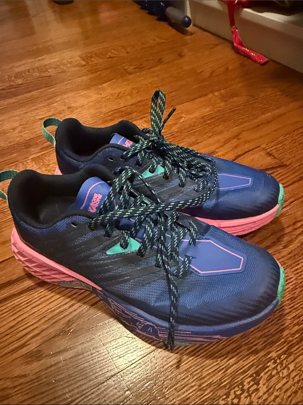 Hoka One One Navy Blue Athletic Shoes with Pink and Teal Accents size 8